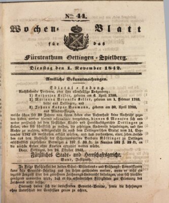 Wochenblatt für das Fürstenthum Oettingen-Spielberg (Oettingisches Wochenblatt) Dienstag 1. November 1842