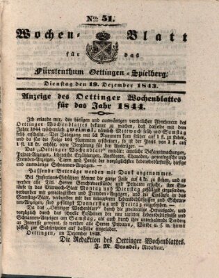 Wochenblatt für das Fürstenthum Oettingen-Spielberg (Oettingisches Wochenblatt) Dienstag 19. Dezember 1843