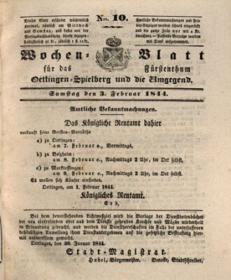 Wochenblatt für das Fürstenthum Oettingen-Spielberg und die Umgegend (Oettingisches Wochenblatt) Samstag 3. Februar 1844