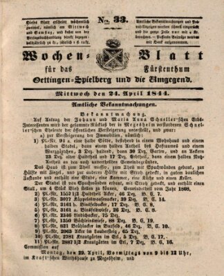 Wochenblatt für das Fürstenthum Oettingen-Spielberg und die Umgegend (Oettingisches Wochenblatt) Mittwoch 24. April 1844