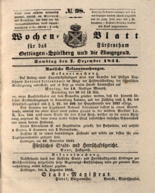 Wochenblatt für das Fürstenthum Oettingen-Spielberg und die Umgegend (Oettingisches Wochenblatt) Samstag 7. Dezember 1844