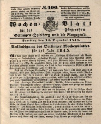 Wochenblatt für das Fürstenthum Oettingen-Spielberg und die Umgegend (Oettingisches Wochenblatt) Samstag 14. Dezember 1844