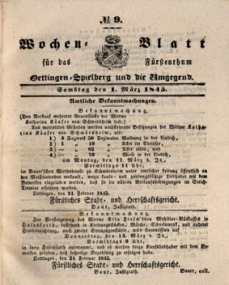 Wochenblatt für das Fürstenthum Oettingen-Spielberg und die Umgegend (Oettingisches Wochenblatt) Samstag 1. März 1845