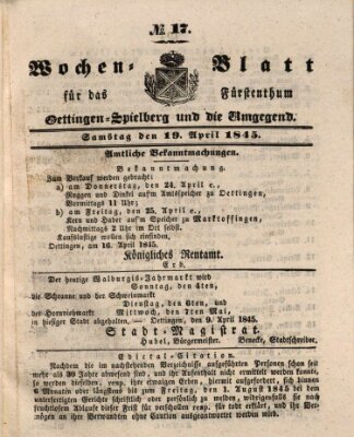 Wochenblatt für das Fürstenthum Oettingen-Spielberg und die Umgegend (Oettingisches Wochenblatt) Samstag 19. April 1845