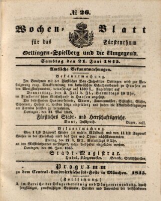 Wochenblatt für das Fürstenthum Oettingen-Spielberg und die Umgegend (Oettingisches Wochenblatt) Samstag 21. Juni 1845