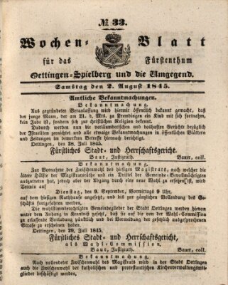 Wochenblatt für das Fürstenthum Oettingen-Spielberg und die Umgegend (Oettingisches Wochenblatt) Samstag 2. August 1845