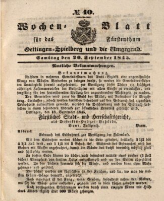 Wochenblatt für das Fürstenthum Oettingen-Spielberg und die Umgegend (Oettingisches Wochenblatt) Samstag 20. September 1845