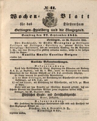 Wochenblatt für das Fürstenthum Oettingen-Spielberg und die Umgegend (Oettingisches Wochenblatt) Samstag 27. September 1845