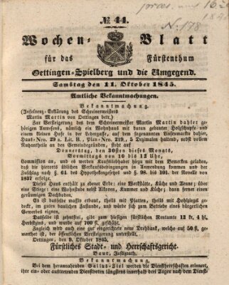 Wochenblatt für das Fürstenthum Oettingen-Spielberg und die Umgegend (Oettingisches Wochenblatt) Samstag 11. Oktober 1845