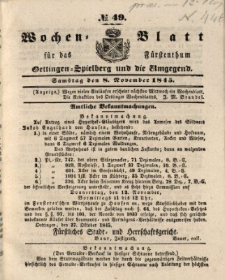 Wochenblatt für das Fürstenthum Oettingen-Spielberg und die Umgegend (Oettingisches Wochenblatt) Samstag 8. November 1845