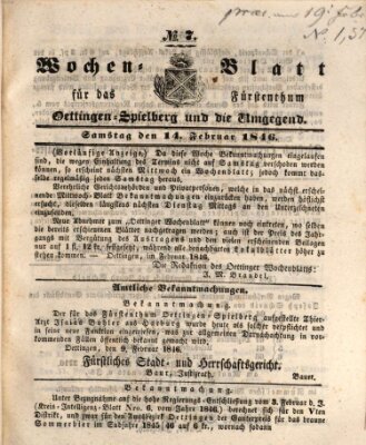 Wochenblatt für das Fürstenthum Oettingen-Spielberg und die Umgegend (Oettingisches Wochenblatt) Samstag 14. Februar 1846