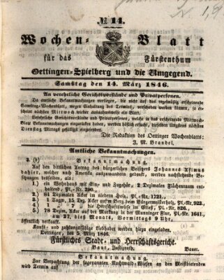 Wochenblatt für das Fürstenthum Oettingen-Spielberg und die Umgegend (Oettingisches Wochenblatt) Samstag 14. März 1846