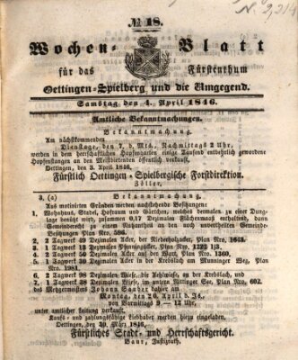 Wochenblatt für das Fürstenthum Oettingen-Spielberg und die Umgegend (Oettingisches Wochenblatt) Samstag 4. April 1846