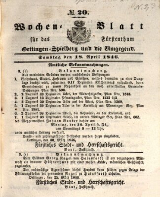 Wochenblatt für das Fürstenthum Oettingen-Spielberg und die Umgegend (Oettingisches Wochenblatt) Samstag 18. April 1846