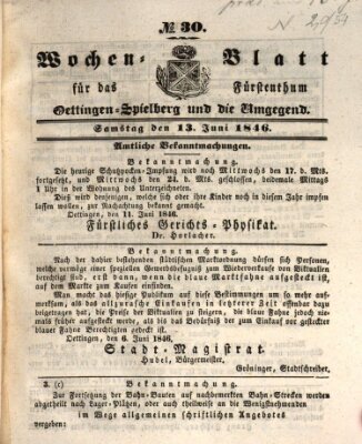 Wochenblatt für das Fürstenthum Oettingen-Spielberg und die Umgegend (Oettingisches Wochenblatt) Samstag 13. Juni 1846