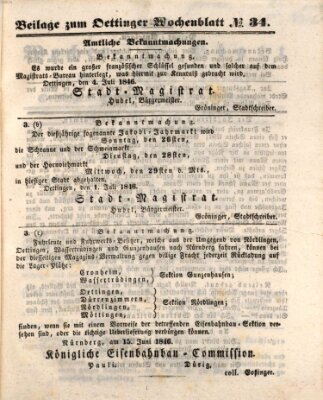 Wochenblatt für das Fürstenthum Oettingen-Spielberg und die Umgegend (Oettingisches Wochenblatt) Samstag 11. Juli 1846