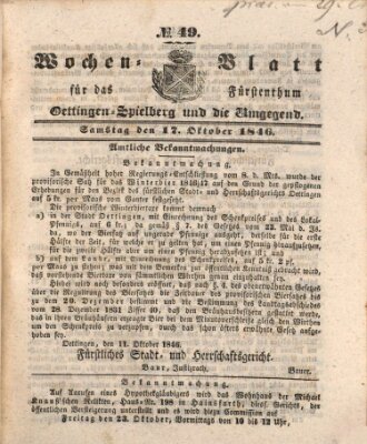 Wochenblatt für das Fürstenthum Oettingen-Spielberg und die Umgegend (Oettingisches Wochenblatt) Samstag 17. Oktober 1846