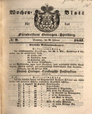 Wochen-Blatt für das Fürstenthum Oettingen-Spielberg (Oettingisches Wochenblatt) Samstag 20. Februar 1847