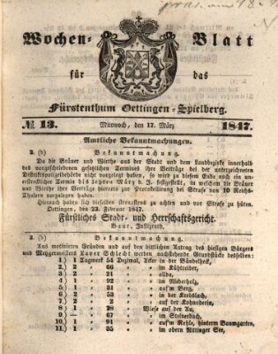 Wochen-Blatt für das Fürstenthum Oettingen-Spielberg (Oettingisches Wochenblatt) Mittwoch 17. März 1847