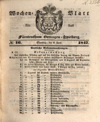 Wochen-Blatt für das Fürstenthum Oettingen-Spielberg (Oettingisches Wochenblatt) Samstag 3. April 1847