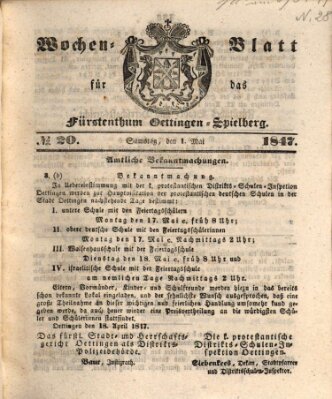 Wochen-Blatt für das Fürstenthum Oettingen-Spielberg (Oettingisches Wochenblatt) Samstag 1. Mai 1847