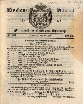 Wochen-Blatt für das Fürstenthum Oettingen-Spielberg (Oettingisches Wochenblatt) Samstag 31. Juli 1847