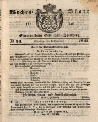 Wochen-Blatt für das Fürstenthum Oettingen-Spielberg (Oettingisches Wochenblatt) Samstag 4. Dezember 1847