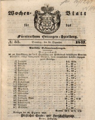 Wochen-Blatt für das Fürstenthum Oettingen-Spielberg (Oettingisches Wochenblatt) Samstag 11. Dezember 1847