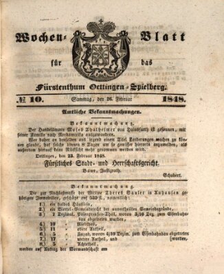 Wochen-Blatt für das Fürstenthum Oettingen-Spielberg (Oettingisches Wochenblatt) Samstag 26. Februar 1848