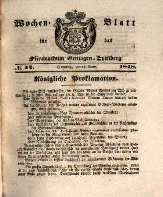 Wochen-Blatt für das Fürstenthum Oettingen-Spielberg (Oettingisches Wochenblatt) Samstag 11. März 1848