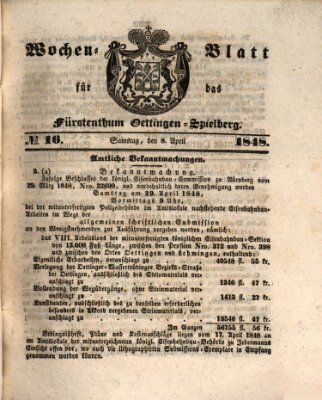 Wochen-Blatt für das Fürstenthum Oettingen-Spielberg (Oettingisches Wochenblatt) Samstag 8. April 1848