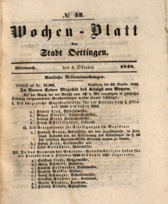 Wochen-Blatt für die Stadt und den Landgerichts-Bezirk Oettingen (Oettingisches Wochenblatt) Mittwoch 4. Oktober 1848