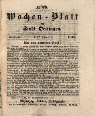 Wochen-Blatt für die Stadt und den Landgerichts-Bezirk Oettingen (Oettingisches Wochenblatt) Samstag 9. Dezember 1848