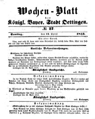 Wochen-Blatt für die Stadt und den Landgerichts-Bezirk Oettingen (Oettingisches Wochenblatt) Samstag 23. April 1853