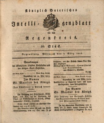 Königlich-baierisches Intelligenzblatt für den Regen-Kreis (Königlich bayerisches Intelligenzblatt für die Oberpfalz und von Regensburg) Mittwoch 8. März 1815