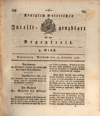 Königlich-baierisches Intelligenzblatt für den Regen-Kreis (Königlich bayerisches Intelligenzblatt für die Oberpfalz und von Regensburg) Mittwoch 28. Februar 1816