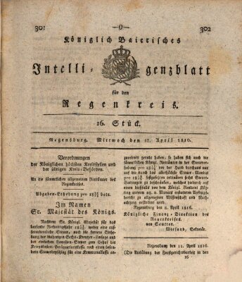 Königlich-baierisches Intelligenzblatt für den Regen-Kreis (Königlich bayerisches Intelligenzblatt für die Oberpfalz und von Regensburg) Mittwoch 17. April 1816