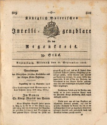 Königlich-baierisches Intelligenzblatt für den Regen-Kreis (Königlich bayerisches Intelligenzblatt für die Oberpfalz und von Regensburg) Mittwoch 25. September 1816