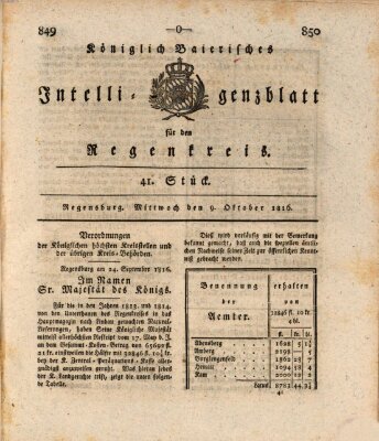 Königlich-baierisches Intelligenzblatt für den Regen-Kreis (Königlich bayerisches Intelligenzblatt für die Oberpfalz und von Regensburg) Mittwoch 9. Oktober 1816