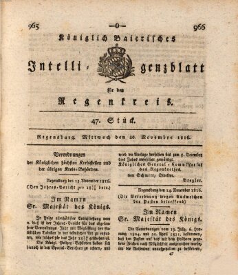 Königlich-baierisches Intelligenzblatt für den Regen-Kreis (Königlich bayerisches Intelligenzblatt für die Oberpfalz und von Regensburg) Mittwoch 20. November 1816