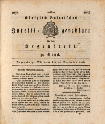 Königlich-baierisches Intelligenzblatt für den Regen-Kreis (Königlich bayerisches Intelligenzblatt für die Oberpfalz und von Regensburg) Mittwoch 25. Dezember 1816