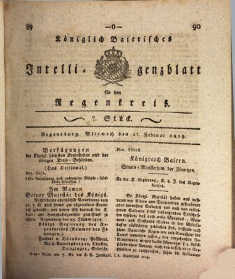 Königlich-baierisches Intelligenzblatt für den Regen-Kreis (Königlich bayerisches Intelligenzblatt für die Oberpfalz und von Regensburg) Mittwoch 17. Februar 1819