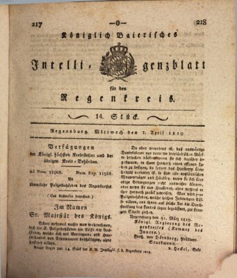 Königlich-baierisches Intelligenzblatt für den Regen-Kreis (Königlich bayerisches Intelligenzblatt für die Oberpfalz und von Regensburg) Mittwoch 7. April 1819