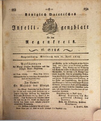 Königlich-baierisches Intelligenzblatt für den Regen-Kreis (Königlich bayerisches Intelligenzblatt für die Oberpfalz und von Regensburg) Mittwoch 21. April 1819