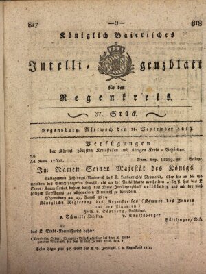 Königlich-baierisches Intelligenzblatt für den Regen-Kreis (Königlich bayerisches Intelligenzblatt für die Oberpfalz und von Regensburg) Mittwoch 15. September 1819