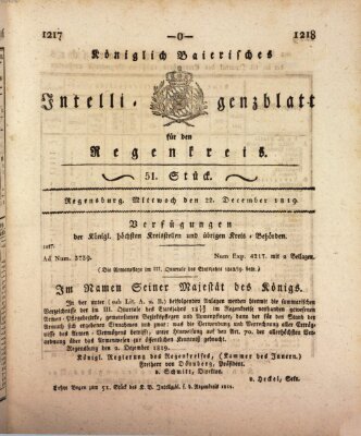 Königlich-baierisches Intelligenzblatt für den Regen-Kreis (Königlich bayerisches Intelligenzblatt für die Oberpfalz und von Regensburg) Mittwoch 22. Dezember 1819