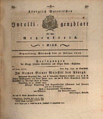 Königlich-baierisches Intelligenzblatt für den Regen-Kreis (Königlich bayerisches Intelligenzblatt für die Oberpfalz und von Regensburg) Mittwoch 16. Februar 1820