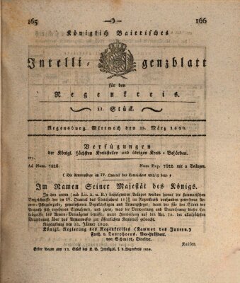 Königlich-baierisches Intelligenzblatt für den Regen-Kreis (Königlich bayerisches Intelligenzblatt für die Oberpfalz und von Regensburg) Mittwoch 15. März 1820