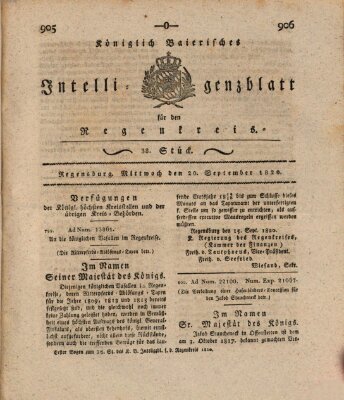 Königlich-baierisches Intelligenzblatt für den Regen-Kreis (Königlich bayerisches Intelligenzblatt für die Oberpfalz und von Regensburg) Mittwoch 20. September 1820