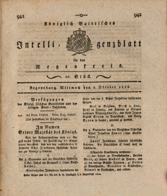 Königlich-baierisches Intelligenzblatt für den Regen-Kreis (Königlich bayerisches Intelligenzblatt für die Oberpfalz und von Regensburg) Mittwoch 4. Oktober 1820